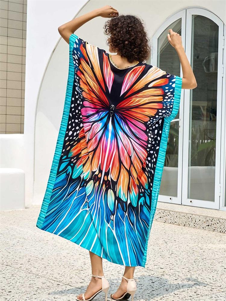 EDOLYNSA Boho Butterfly Print V-neck Plus Size Kaftan Women Vacation Beach Dress 2025 Summer Swimwear Cover Up Loose Cozy Homewear Q1674