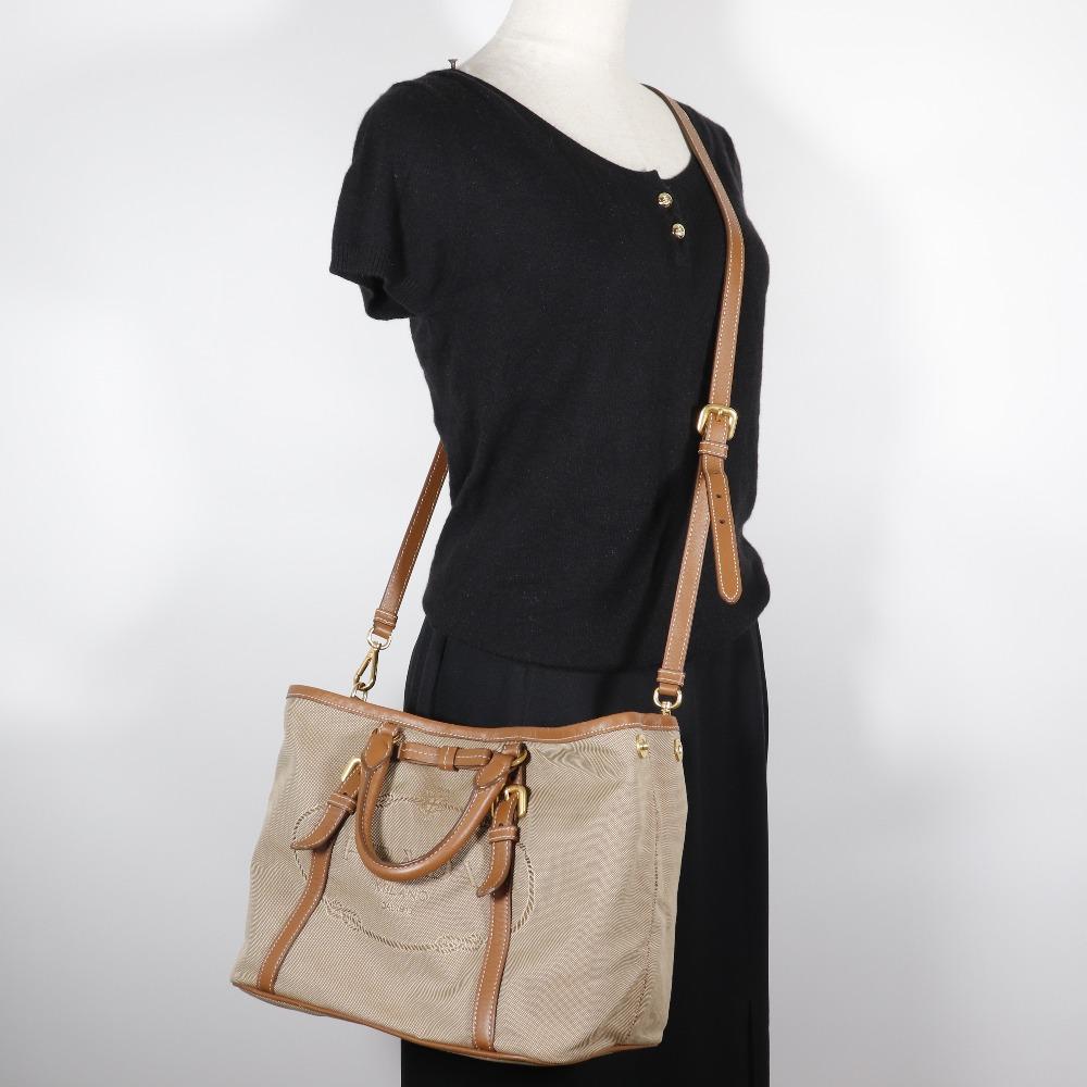 Prada Logo Handbag BN1841 2WAYShoulder Beige Canvas/leather Women Used