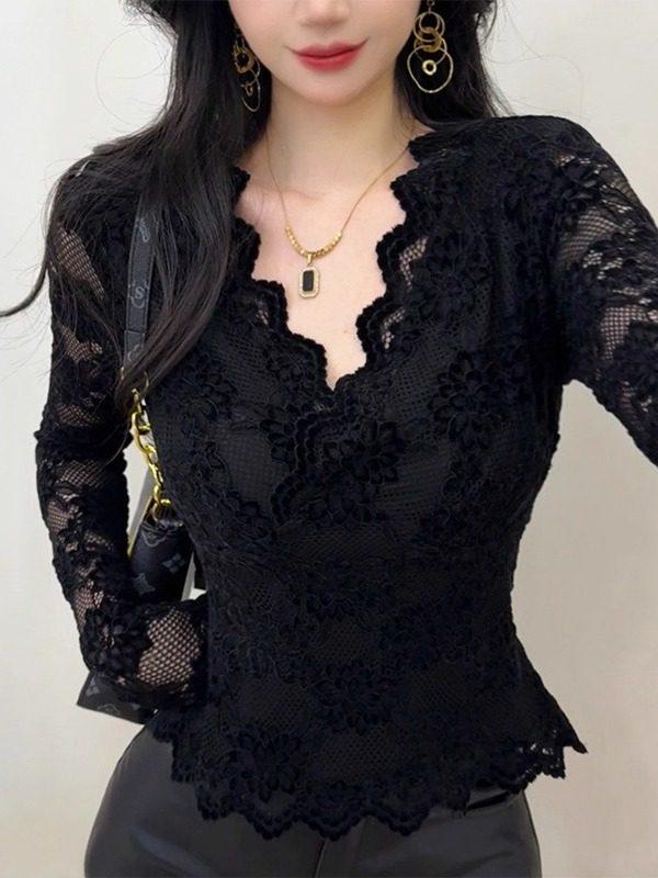 Couche de base en dentelle brossée pour femme Automne & Hiver: Haut Confortable, Élégant et Sexy Grande Taille en Velours, Sous-vêtement Exquis.