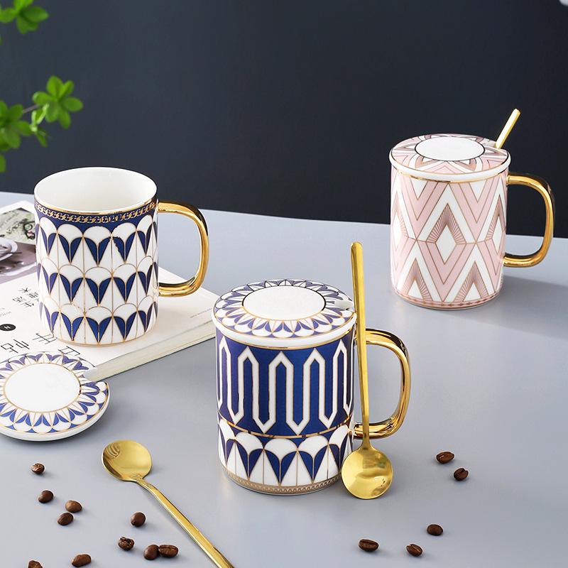 British Style Matching Ceramic Mug Set with Lids - High-End Coffee and Water Cups