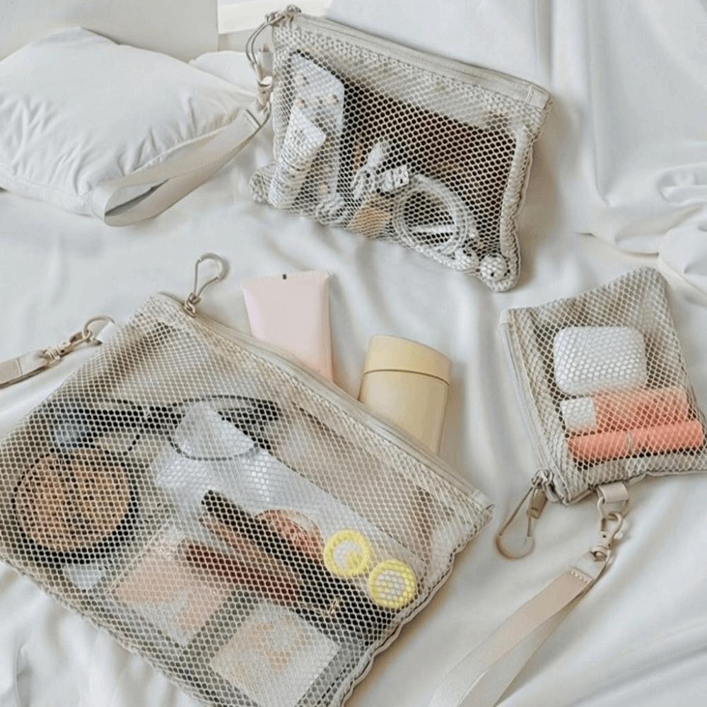 Lightweight Mesh Storage Bag With Zipper Polyester Toiletry Bag Solid Color Multifunctional Coin Purse Travelling Storage