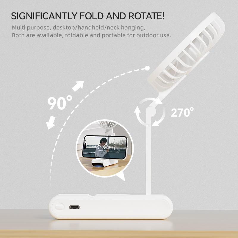 2026 New Handheld Fan Mini Portable Desktop Fan Foldable Neck-Mounted Fan with Phone Holder Function /ODM Customization