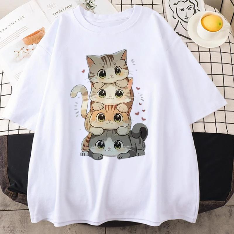 Cute Cartoon Cat Print Womens Unisexs Round Neck Short Sleeved Tshirt Casual Loose Versatile Summer T Shirt