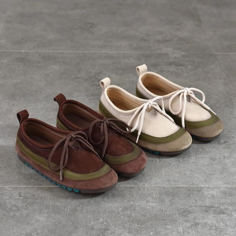 Johnature Soft Cowhide Women's Flat Shoes Genuine Leather Round Toe Mixed Colors Lace Up Casual Shoes