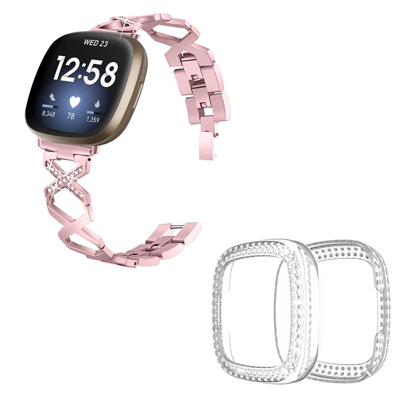 For Fitbit Versa 3 / Sense X-Shape Design Stainless Steel Bracelet Replacement Wrist Strap + Two Row Rhinestones Transparent Anti-scratch Watch Case