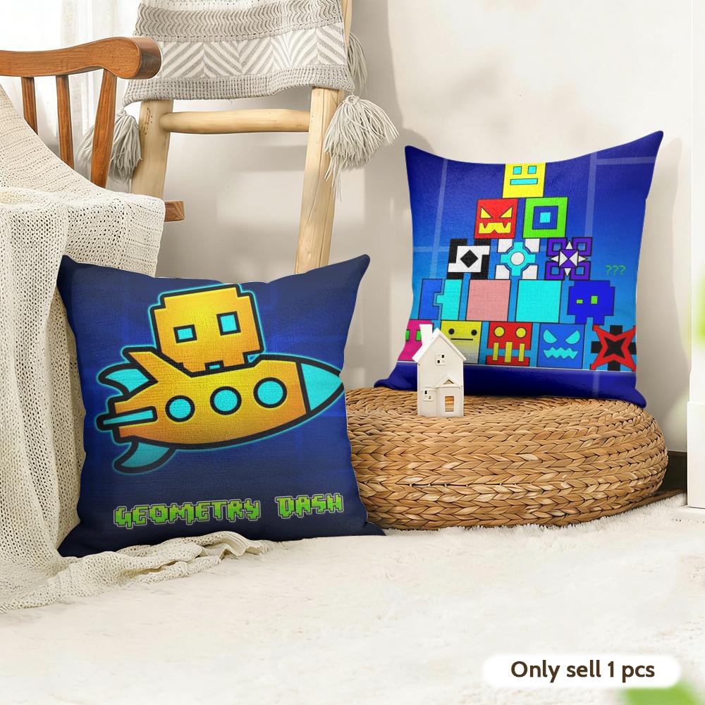 GGeometry Dash VVideo Cushion Cover Natural Linen Organic Fabric DoubleSided Printing Sofa Home Decor Gift Pillow Case