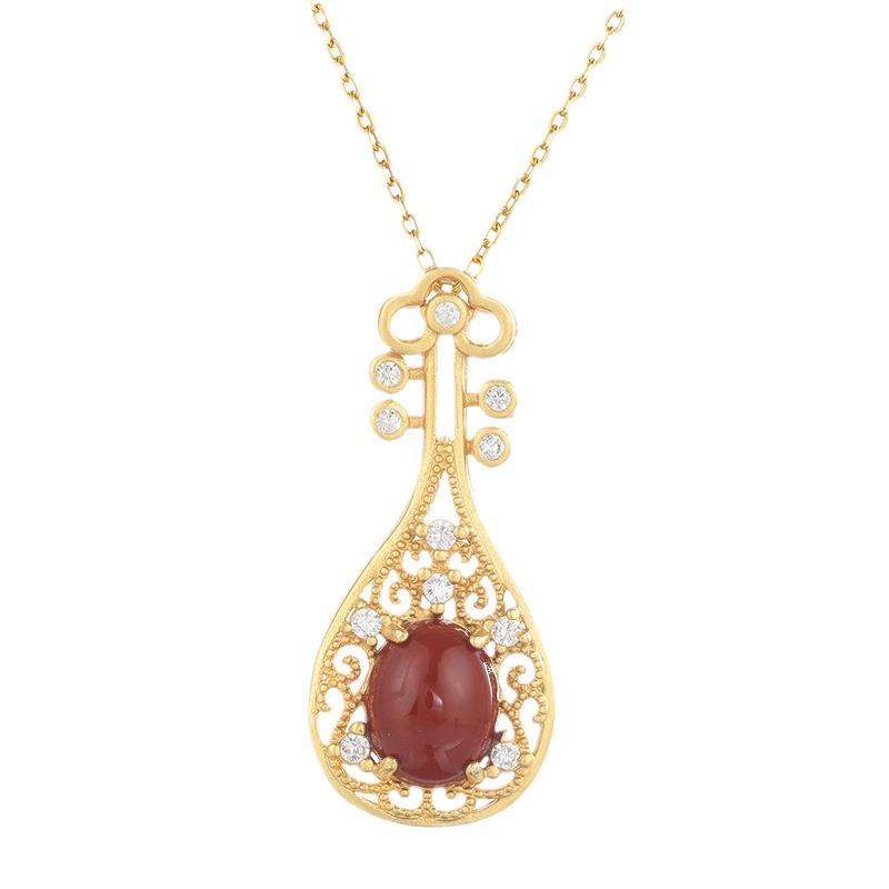 S925Silver Southern Red Agate Classical Pipa Design Personalized Vintage Sweater Chain Women's Pendant Amulet Auspicious Hotan Jade