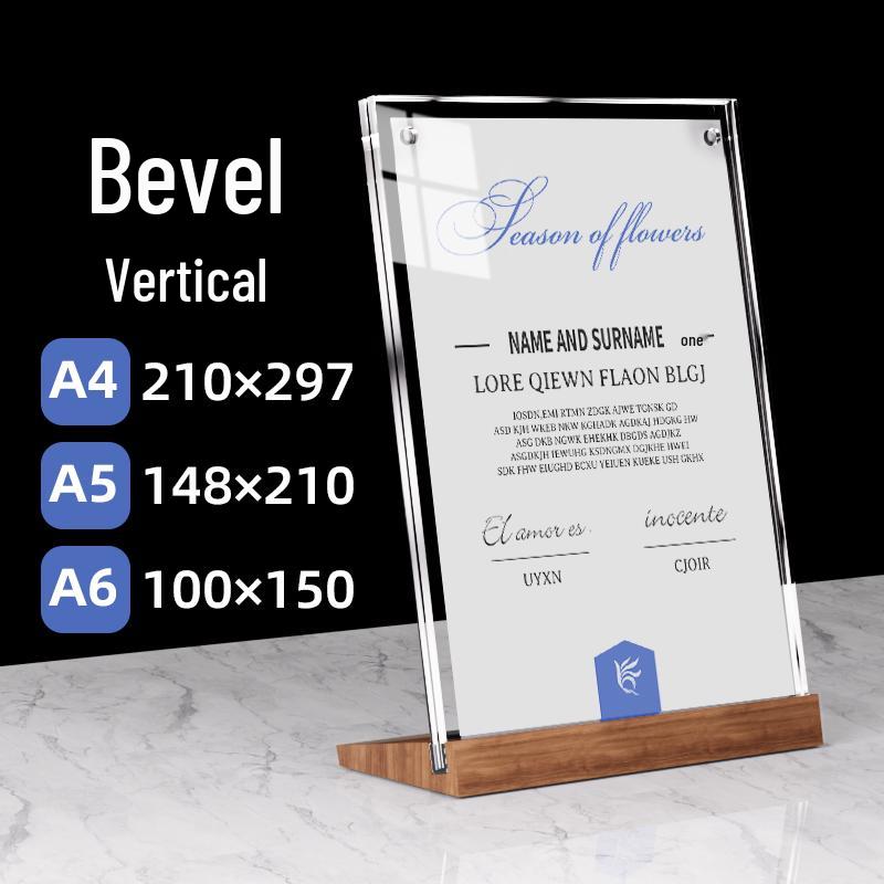 A4 Acrylic Table Card Holder with Beech Wood Base, Double-Sided Pull-Out Display Stand