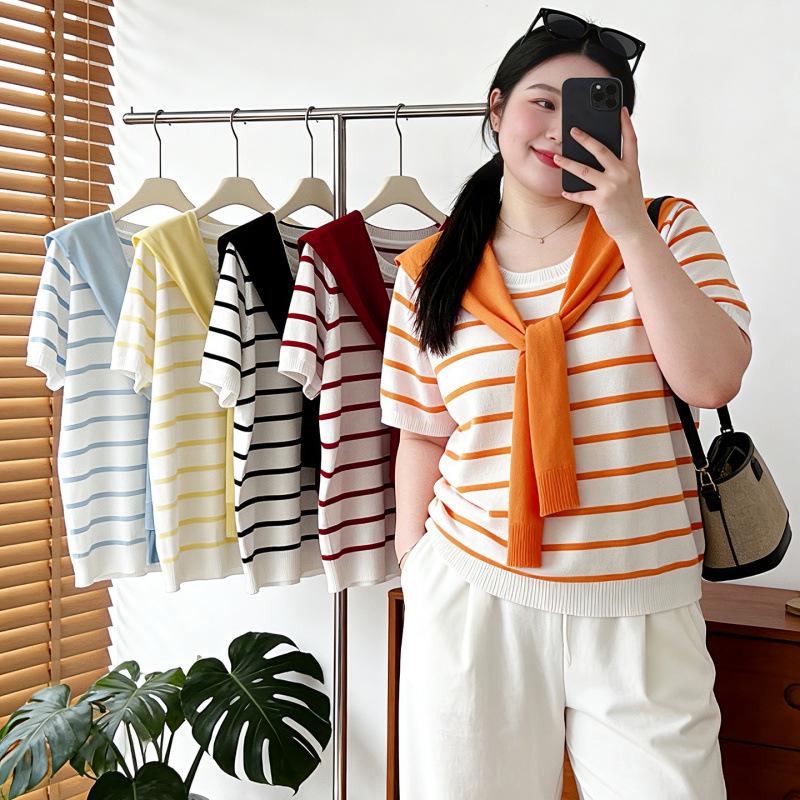 2026 Plus Size Women's Ice Silk Knit Print T-Shirt - Spring/Summer Collection, Loose Fit, Slimming, Short Sleeve