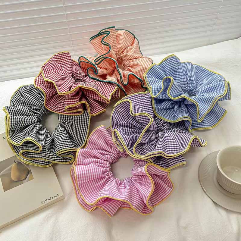 INS Ballet Style Contrast Color Plaid Ruffle Edge Elastic Hair Bands Women Sweet Korean Hair Scrunchies 4 Layered Large Headband