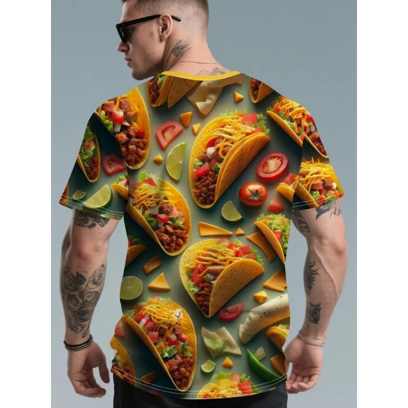 Large Men's French Fries Hamburger Pattern 3D Printed Men's Round Neck Short Sleeved T-shirt Summer Fashion T-shirt Casual Comfortable Versatile Top