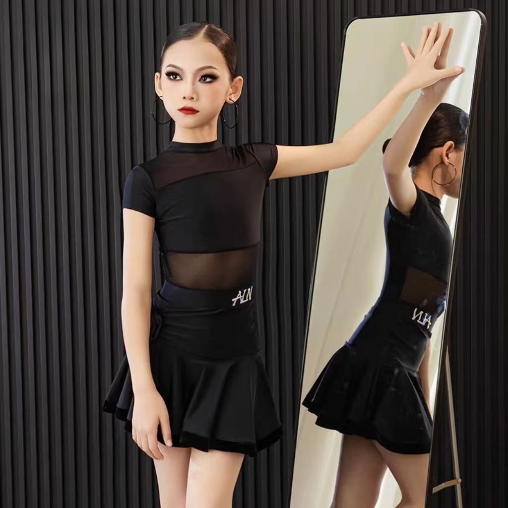 Children Latin Dance Dress for Girls Black Mesh Yarn Skirt Set Cha-cha Samba Rumba Training Performance Clothing