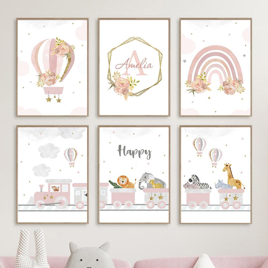 Pink Train Lion Giraffe Rainbow Balloon Flower Wall Art Canvas Prints Painting Posters Prints Pictures Girl Kids Room Home Decor
