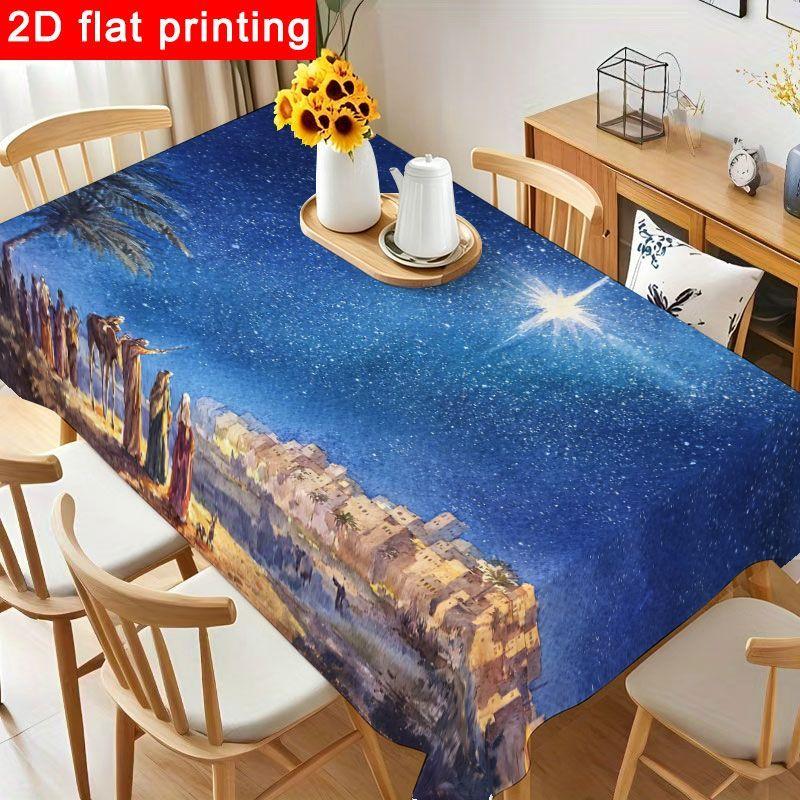 1pc Serene Biblical Journey Tablecloth - Watercolor Starry Night Design, Reusable & Easy to Clean for Christmas, Religious Celebrations, Family Gather