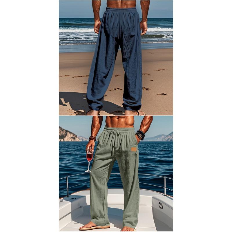Men Thin Linen Cotton Straight Casual Long Trousers For Daily Beach Wear