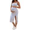 Maternity Floral Slip Dress Fitted Split Mid-calf Square Neck Sleeveless Fresh Sweet Style