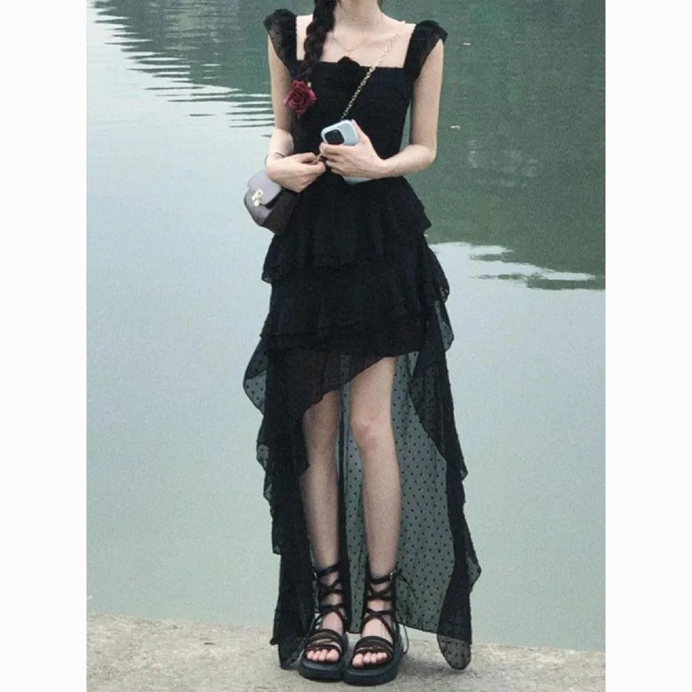 French Temperament Waist Dress Women's Summer New Design Irregular Ruffle Edge Suspender Long Trailing Skirt Tide