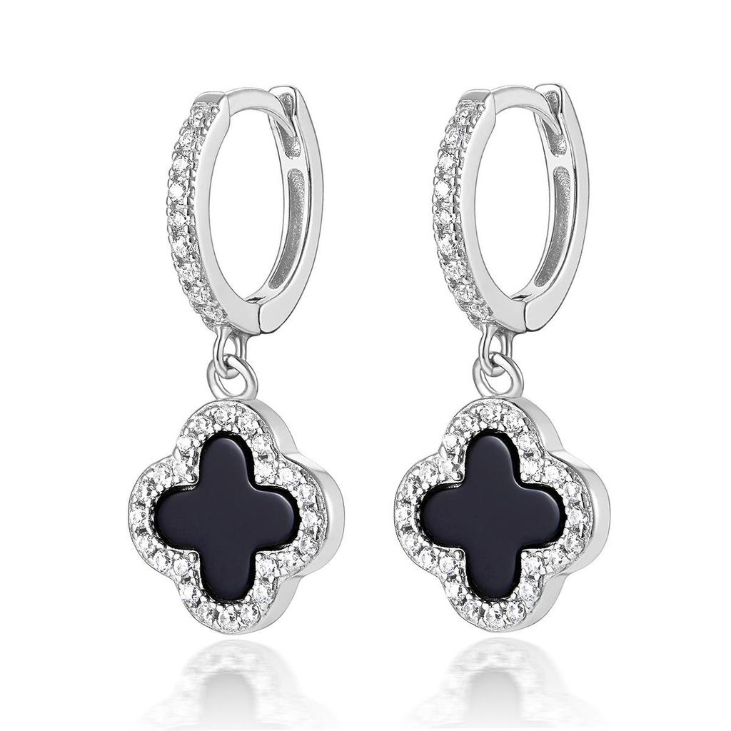 S925 Sterling Silver Four-Leaf Clover Earrings with Zircon, Black Agate, and White Mother-of-Pearl for a Luxurious High-End Look.