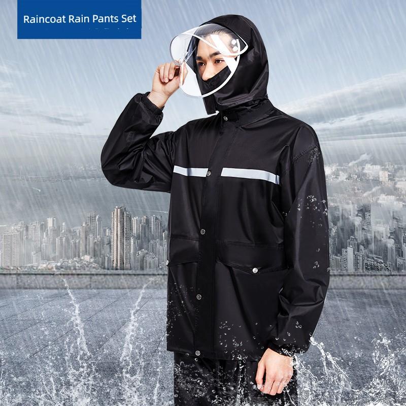 Raincoat and Rain Pants Set for Men, Thickened Long Style, Full-Body Split Design, Suitable for Electric Bike Riding, Adult Heavy Rain Protection