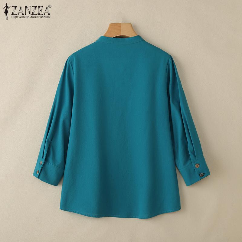 ZANZEA Blusa de Algodón Casual de Mujer con Cuello en V Suelta Manga 3/4