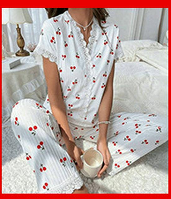Women's European Style Bowknot Pajama Set - Long Sleeve Top & Elastic Long Pants, Printed, Casual, and Sexy for Indoors or Outdoors.