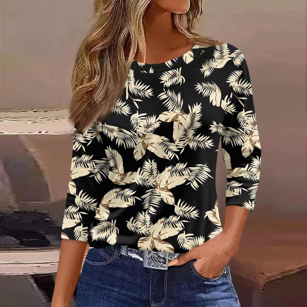 Women's Three-Quarter Sleeve Shirt, Round Neck, Loose Fit, Casual Shirt, Floral Print T-Shirt, Summer