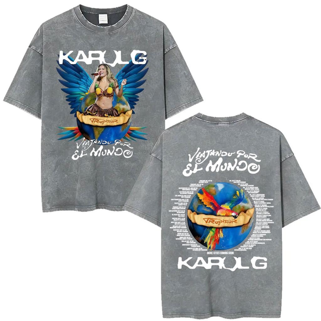 Karol G Tropicoqueta Tour New Album Vintage Washed T Shirts Men Women Fashion Aesthetic Tshirt Casual Cotton Loose T Shirt
