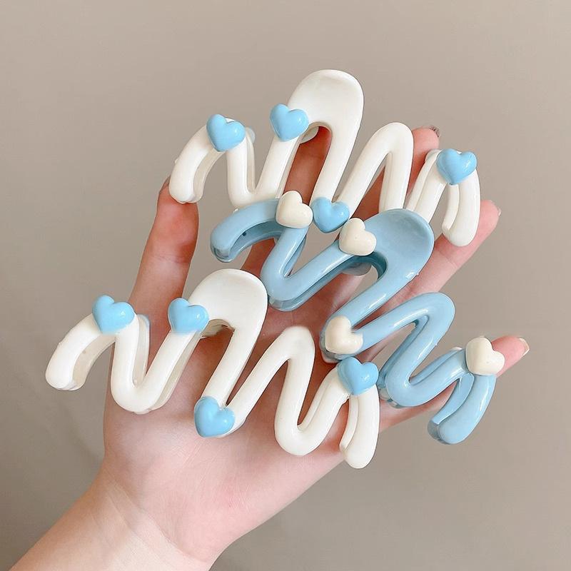 Blue Heart Wave Shaped Hair Claw Cream Color Clips for Women Sweet Cute Irregular Shark Clip Large Ponytail Clip Hairpins 11CM