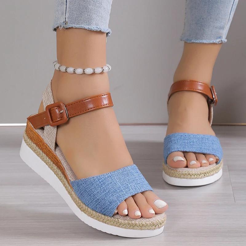 Fashion 2025 Women's Sandals Peep Toe Wedges Heels Sandals Summer Shoes Woman Low Platform Sandalias Mujer Non-slip Hemp Heeled Shoes