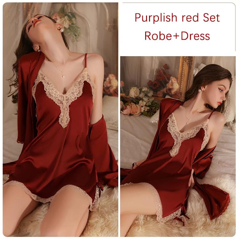 Women's Pajama Set Lace Edge Strap Backless Suspender Nightgown with Bra Set