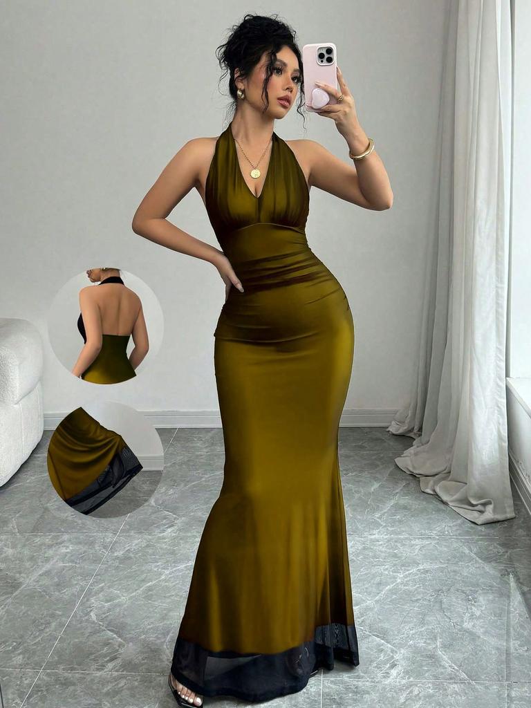 New hot-selling long backless mesh pullover V-neck women's dress dress new