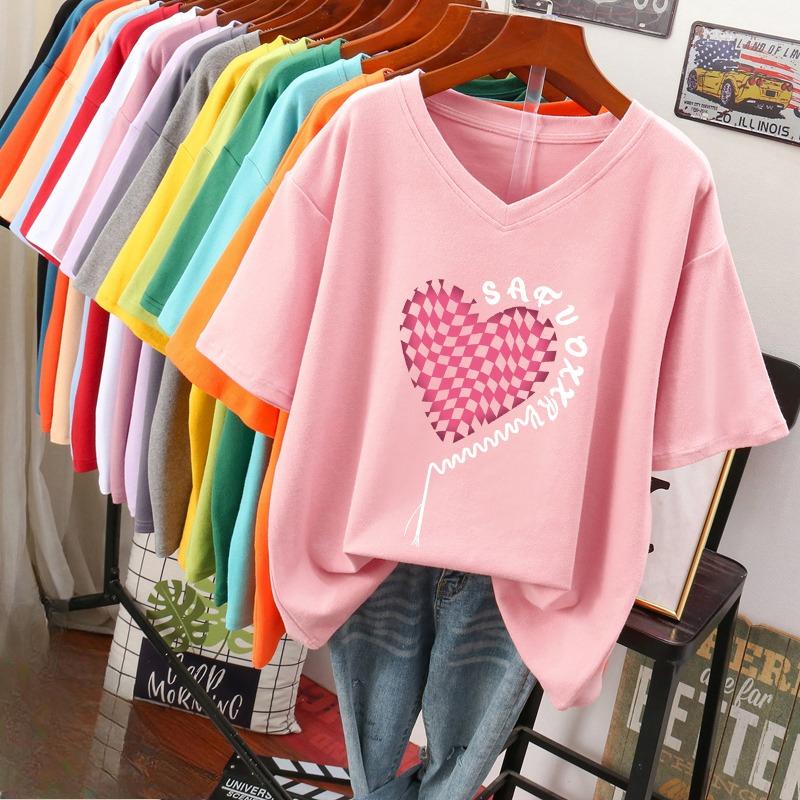 Camiseta de manga curta, Solta, Top V-neck Estampado Emagrecedor para Mulheres