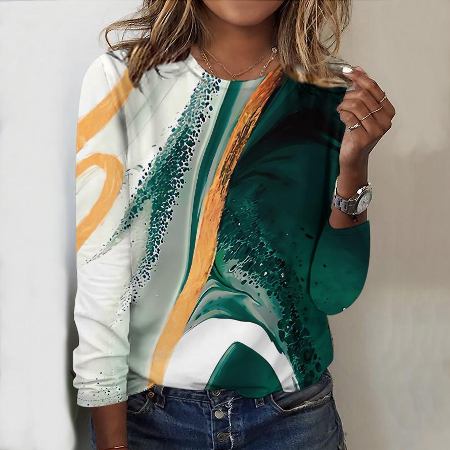 Tops For Women River Stripes Print Round Neck Long Sleeve T-shirt Fall Casual Slim Pullover Women's Long Sleeve Top