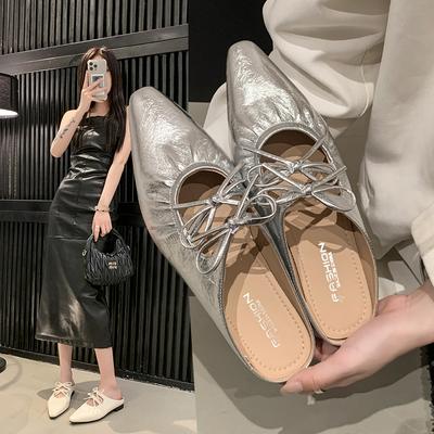 Fashion Female Shoes Butterfly-Knot Slippers Women Summer Increased Internal Low 2025 Silver Fabric Janes PU Rubber Rome Butterfly-