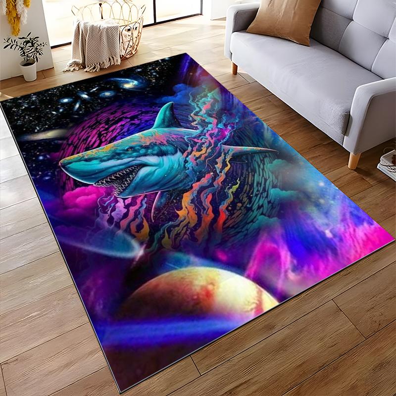 "Galaxy Shark Art Carpet with Space Planets and Vibrant Colors Design" Suitable for Use As an Anti-slip for Living Room Bedroom Sofas
