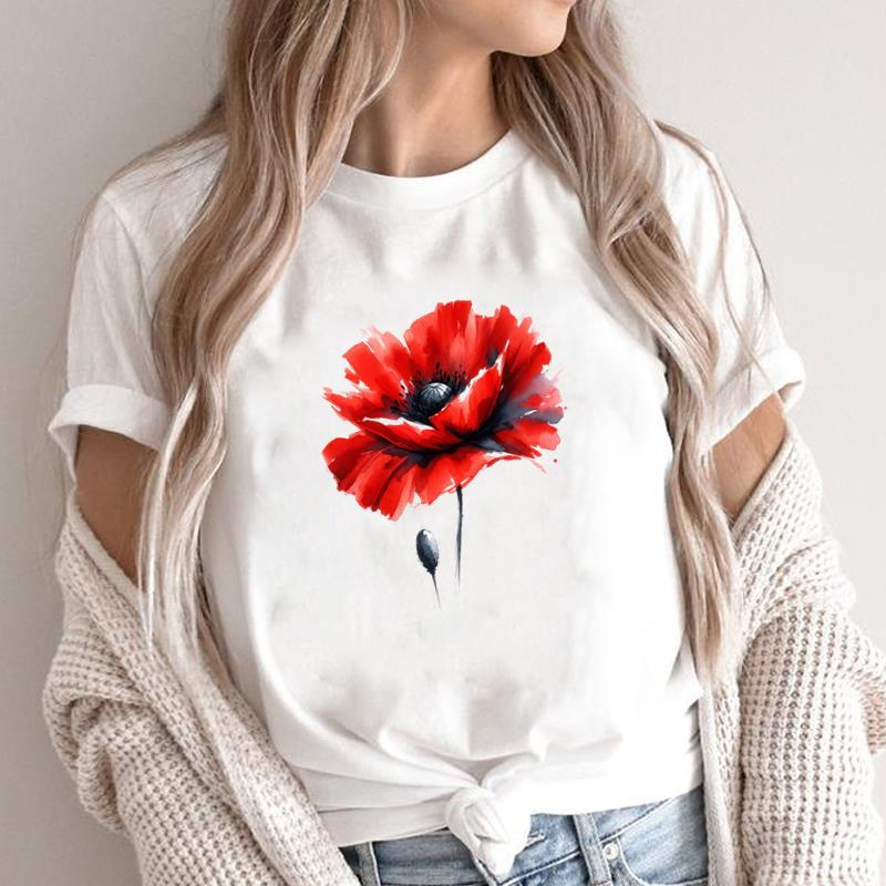 (Asian Size) T leopard flower Graphic Female Women's Clothing Top O-neck Tee Fashion Print Casual Short Sleeve T-shirts 