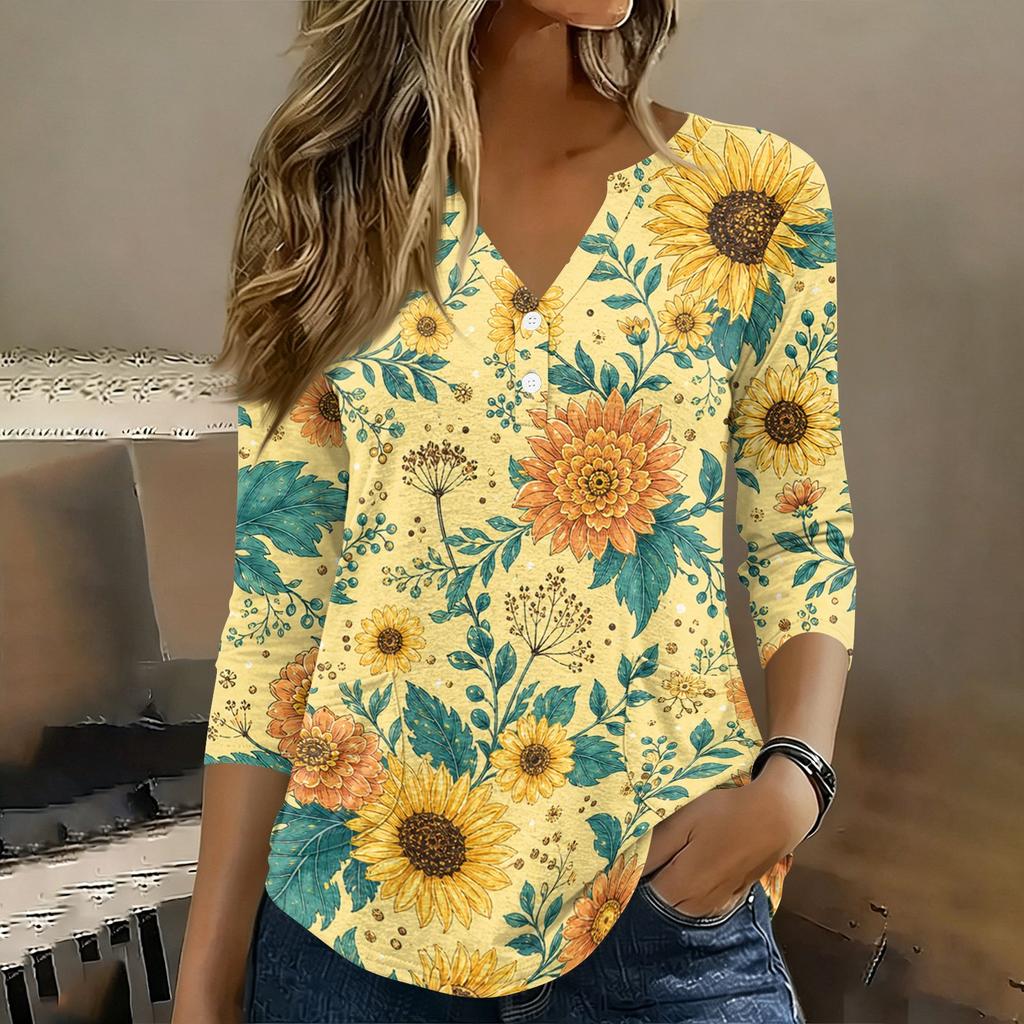 Women 3/4 Sleeve V Neck Henley Floral Print Pullover Casual T Shirt Top Lightweight Soft Fabric Comfortable Fit