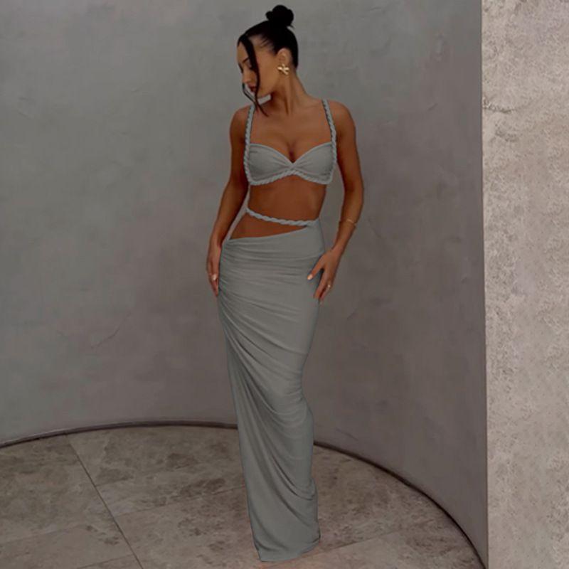 

Европейская и американская женская одежда Пляжный стиль Купальник Сексуальный без спины На шее Сплошной Приталенный Футляр Юбка комплекты Gray M