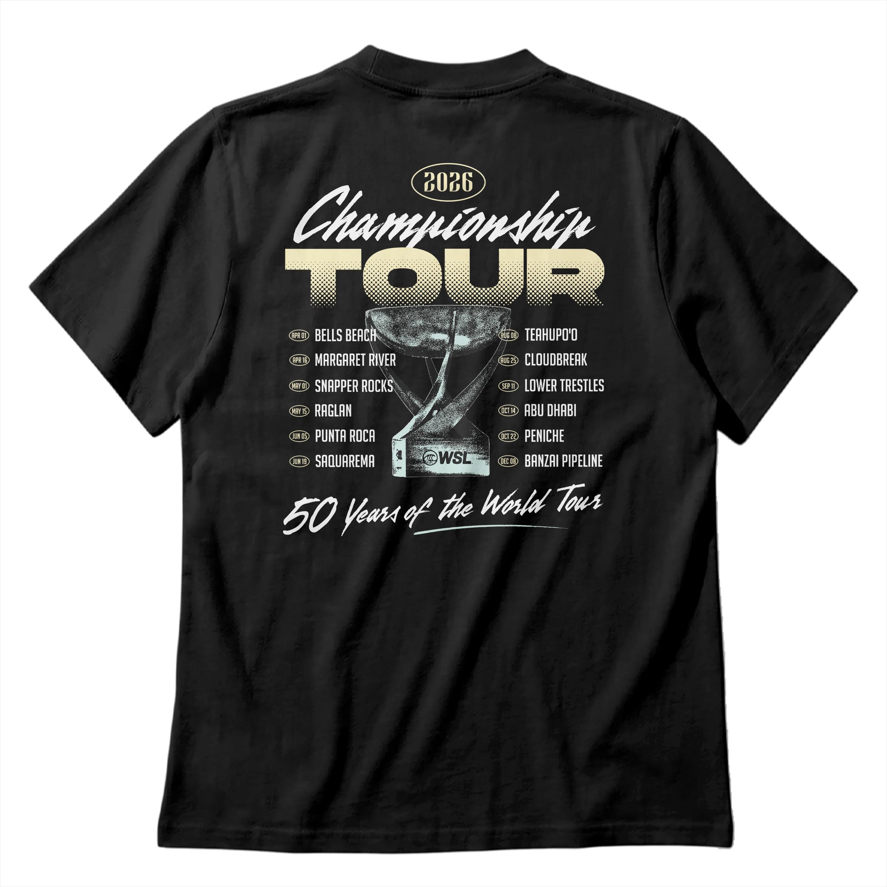 

2026 WSL Championship Tour Tshirt 50 Years of World Tour Surfing Retro Graphic Tee Unisex WOMEN Casual Cotton Short Sleeve Tops S