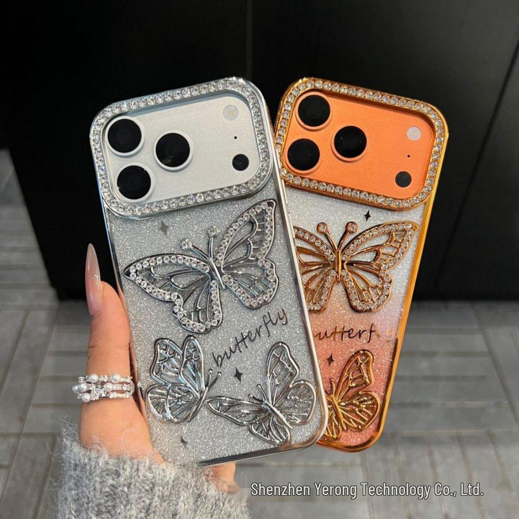 3D Shining Rhinestone Butterfly Case for iPhone 17 Pro Max Electroplated Glitter Protective Cover