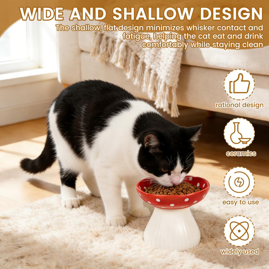 2 Pcs Elevated Raised Cat Bowl Mushroom Cat Water High Feet Food Bowl Ceramic Pet Neck Protection Anti-black Food Dish