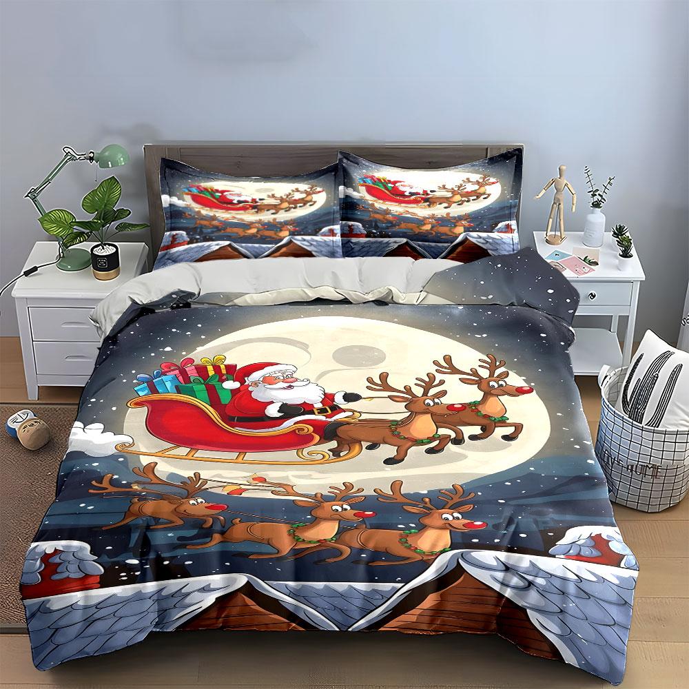 Santa and Reindeer Flying Scene Bedding Duvet Cover Set Duvet Cover Pillowcases (1*Duvet Cover 2*Pillowcases, Without Duvet Insert)