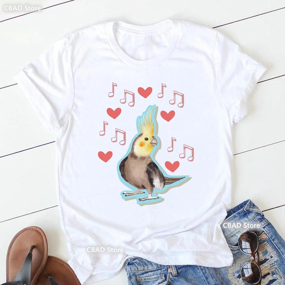 Cute Cockatielsparrot Bird Lovers Print T Shirt Girls Sunflower Flowers Tshirt Unisex Harajuku Kawaii Clothes Summer Tops Tee