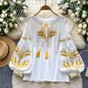 Fashion Blouse for Women Lantern Sleeve Loose Bandage Shirts  Vintage Embroidery Spring Blouses Tops