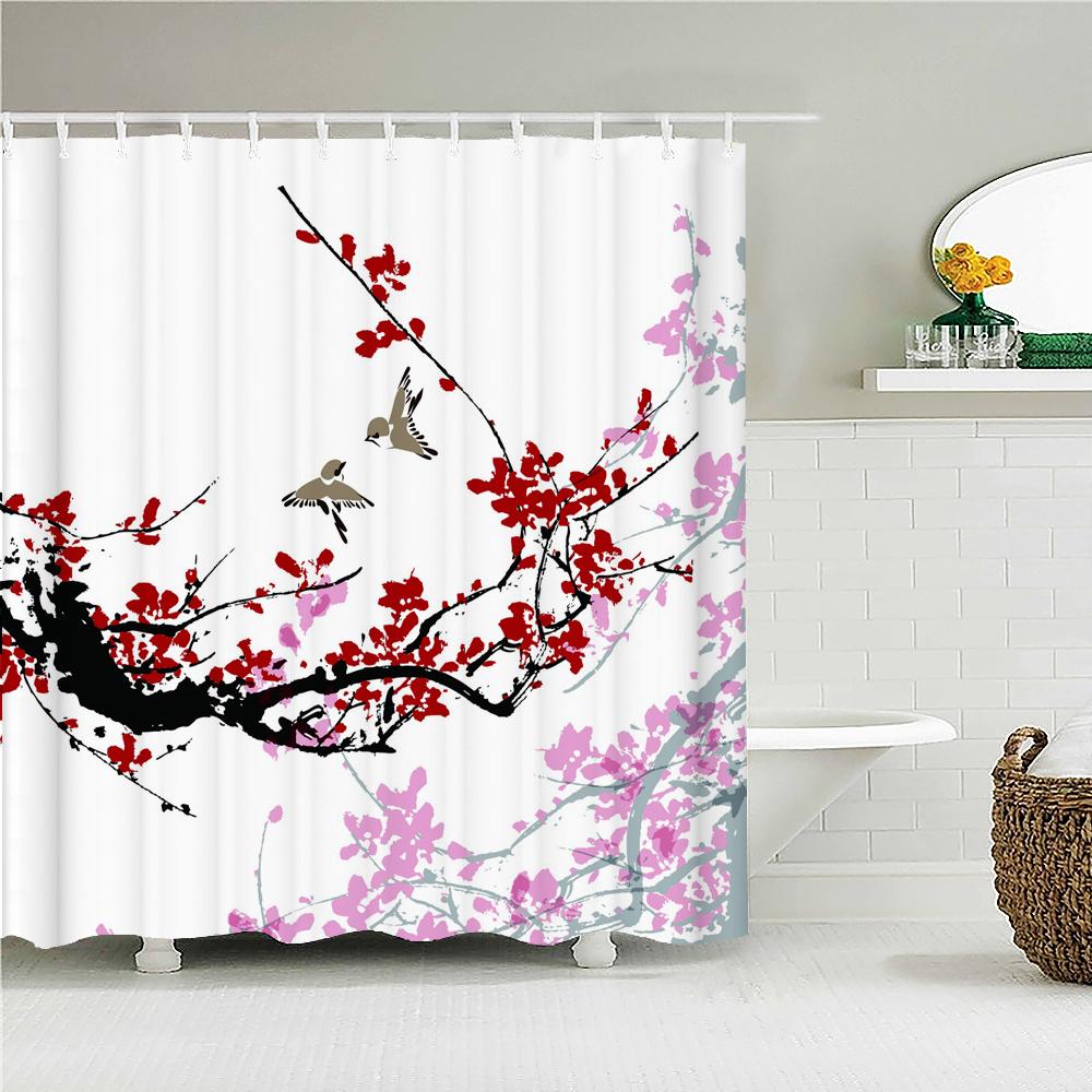 Japonské mořské vlny Koi Sprej Látka Sprchový závěs Koupelnové závěsy Květy švestek Krajina s horou Fudži Zástěna do koupelny Háčky Polyester Perfektní pro