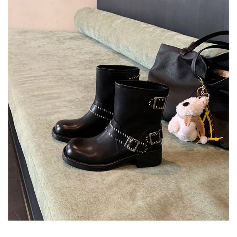 

Shoes retro polished belt buckle old thick heel locomotive short boots women 35 чёрный