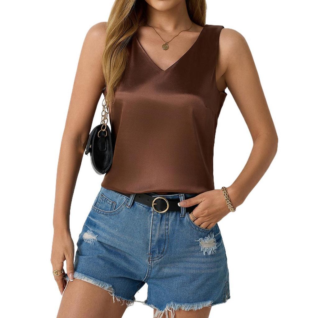 Gilet en satin pour femme, col en V, décontracté, dos nu, sans manches, printemps-été