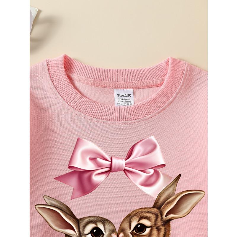 European sizes Girls Crew Neck Sweatshirt Love Rabbits with Rose And Bow, Soft Cozy Pullover, Warm Casual for Autumn & Winter.