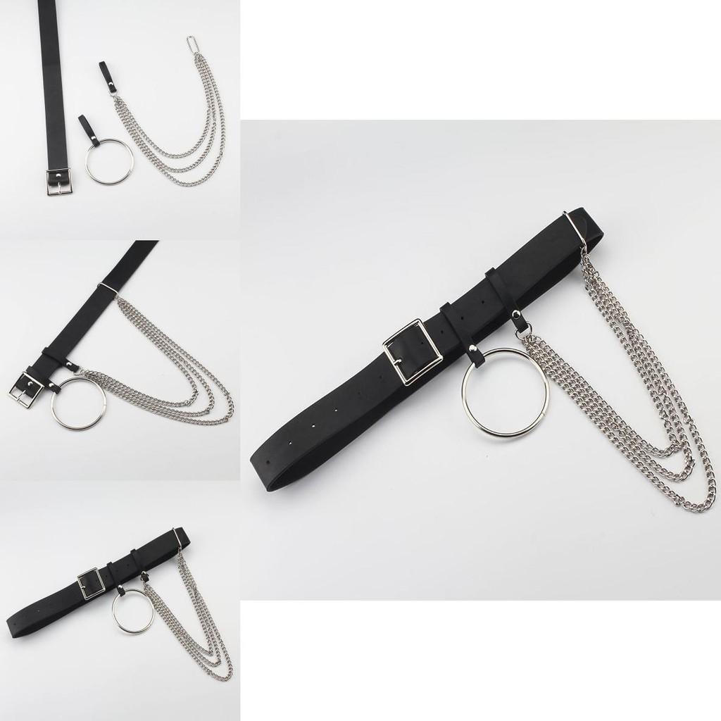 Fashionable Black Waist Belt With Circular Ring And Chain Tassel For Men And Women Fashion Accessory