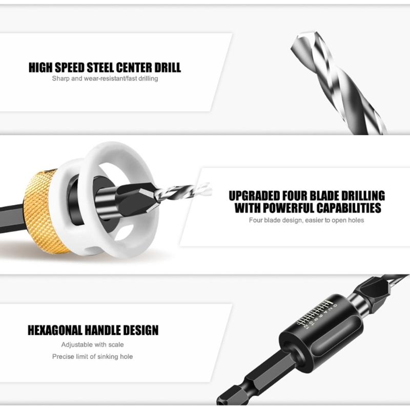 4 Piece 4 Flute Twist Countersink Drill Bits 1/4" Hexagonal Shank Set with Adjustable Depth Stop for Wood Plastic Drill